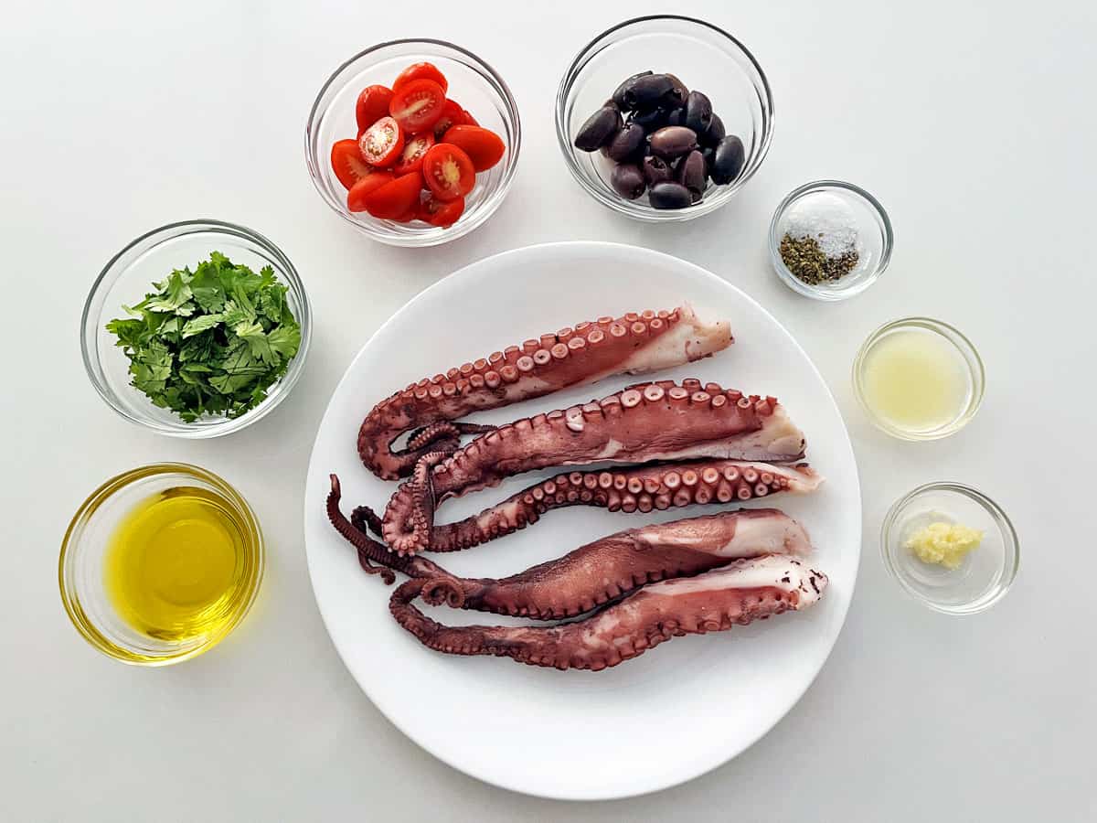 The ingredients needed to make an octopus salad. 