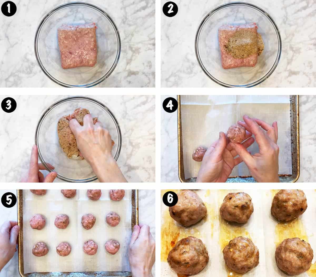 A six-photo collage showing the steps for making pork meatballs. 