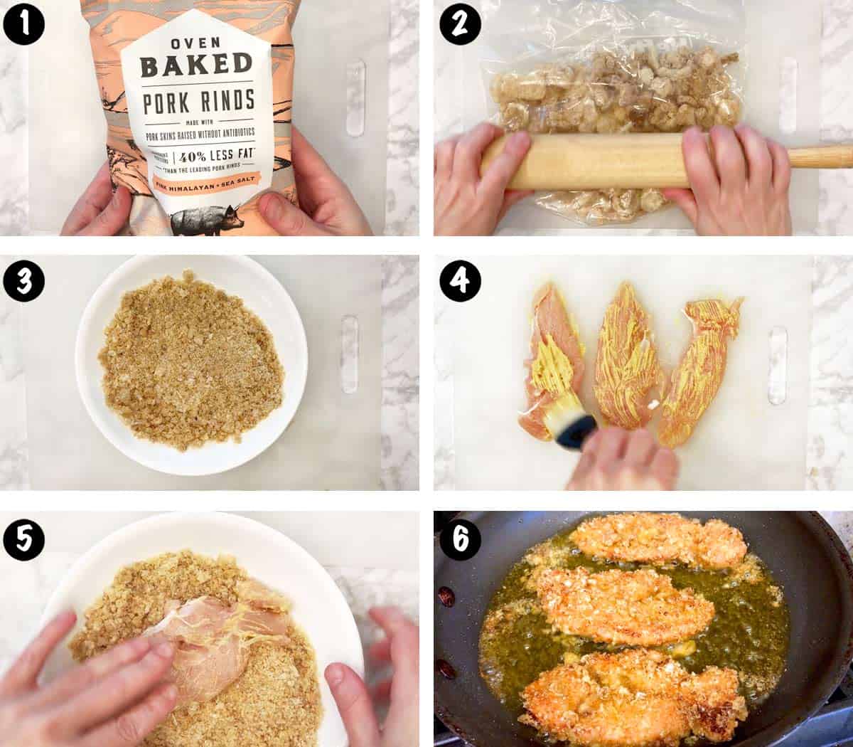 Un collage de seis fotos que muestra los pasos para cocinar tiras de pollo con chicharrón. 
