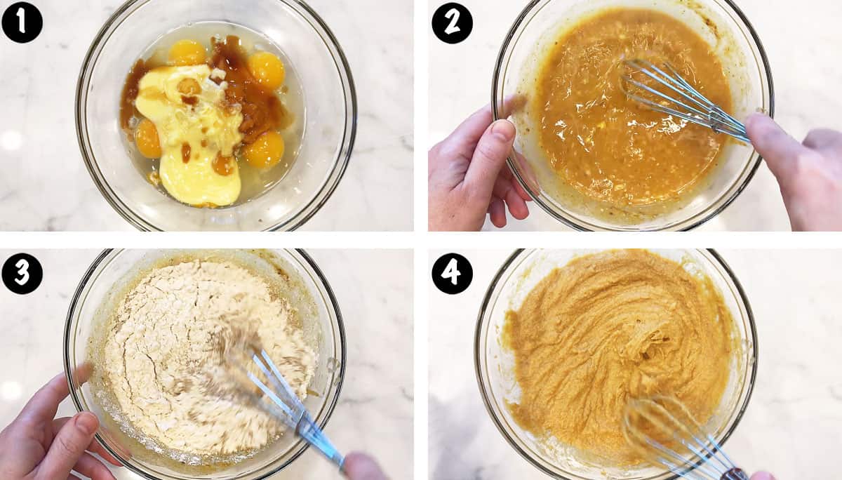 Un collage de fotos que muestra los pasos 1 a 4 para hornear cupcakes de calabaza. 