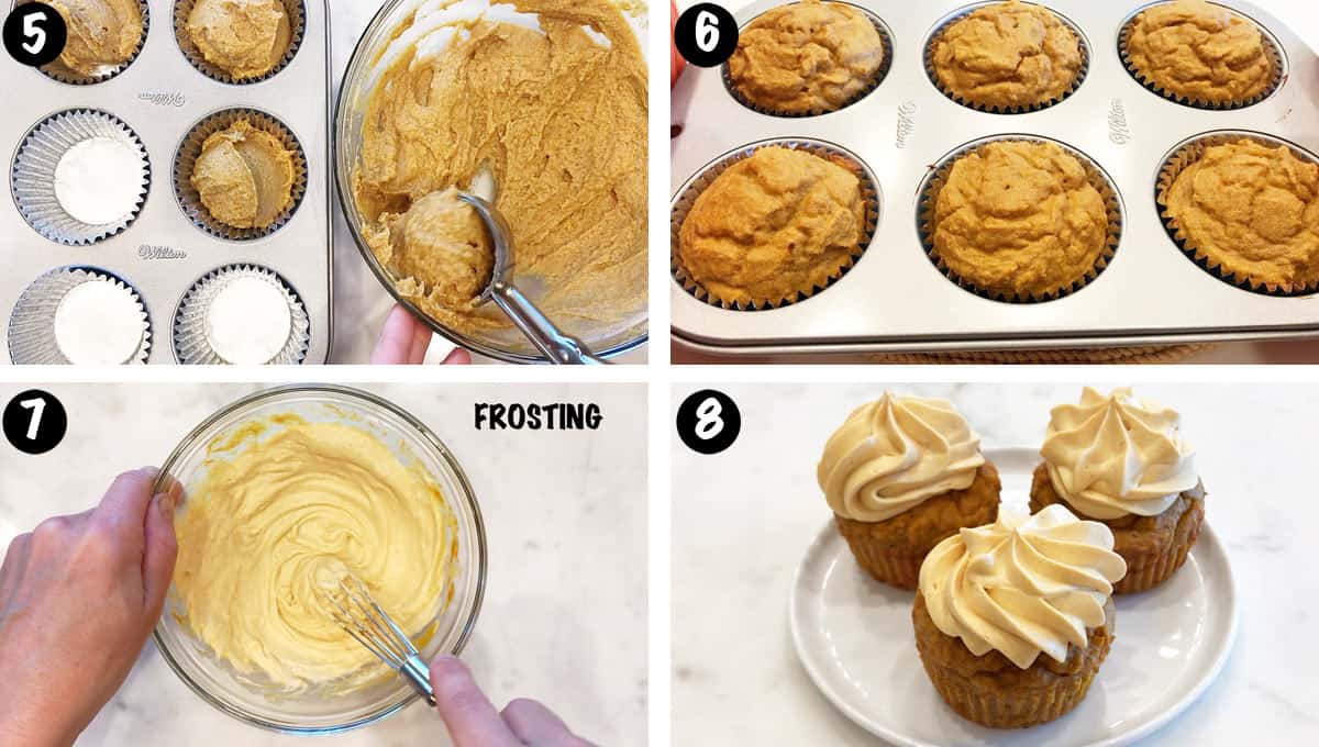 A photo collage showing steps 5-8 for making pumpkin cupcakes. 