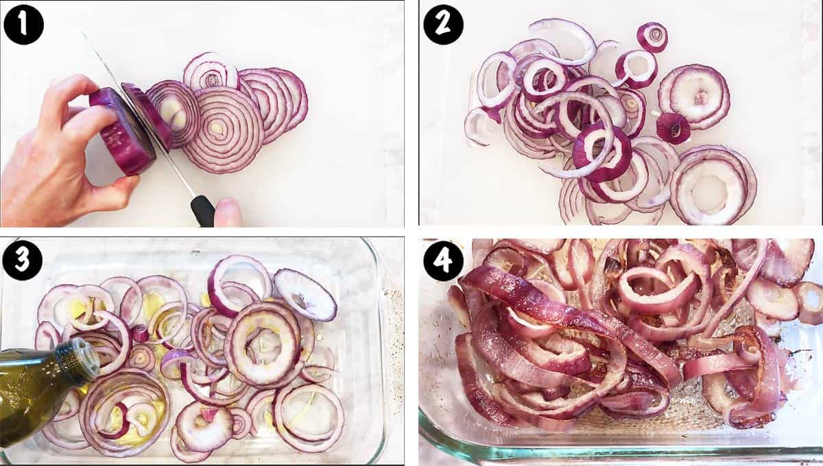 A 4-photo collage showing the steps for roasting red onions. 
