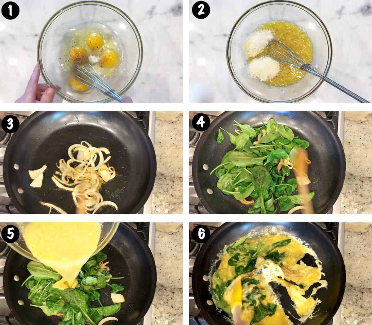 A six-photo collage showing the steps for making a spinach and eggs scramble. 