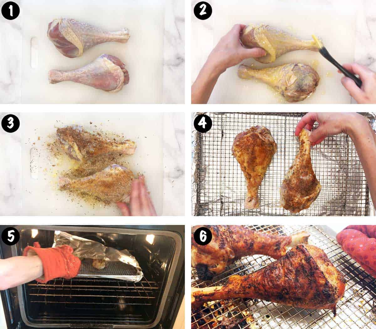 A six-photo collage showing the steps for cooking turkey legs. 