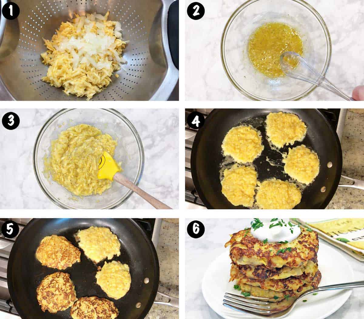 A six-photo collage showing the steps for making yellow squash fritters. 