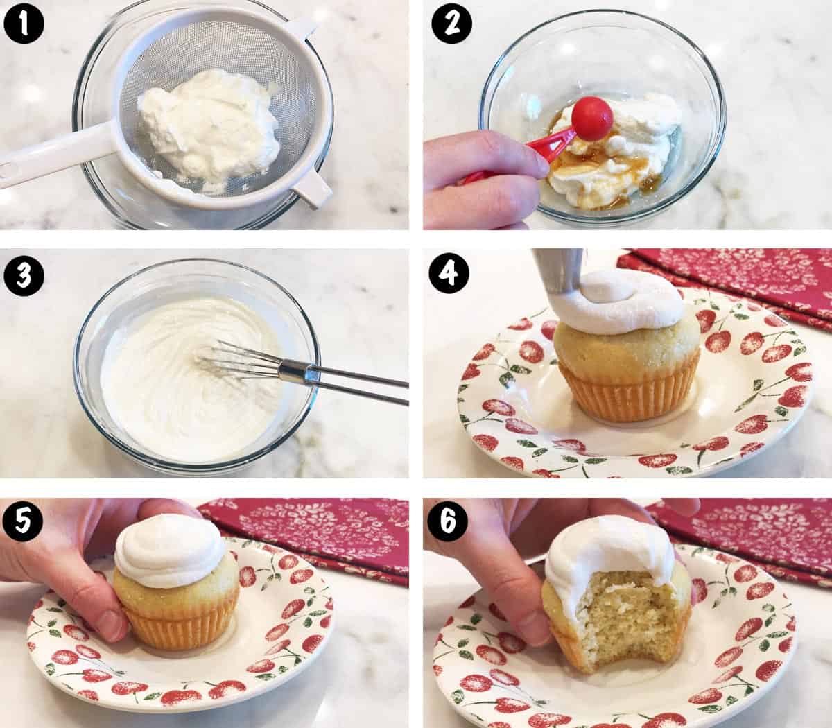A six-photo collage showing the steps for making a Greek yogurt frosting. 