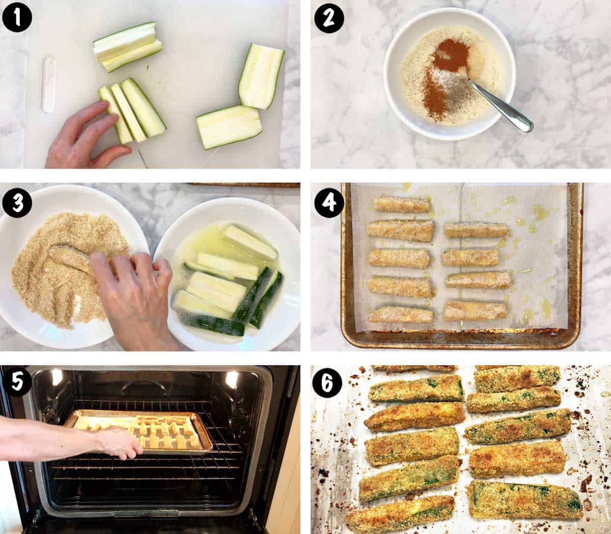 Un collage de seis fotos que muestra los pasos para hacer papas fritas con calabacín. 