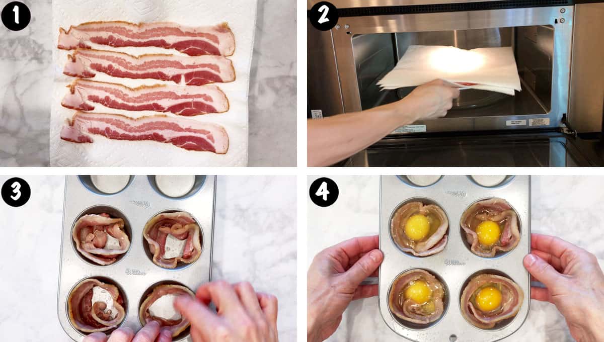Un collage de fotos que muestra los pasos 1 a 4 para hacer muffins de tocino y huevo. 
