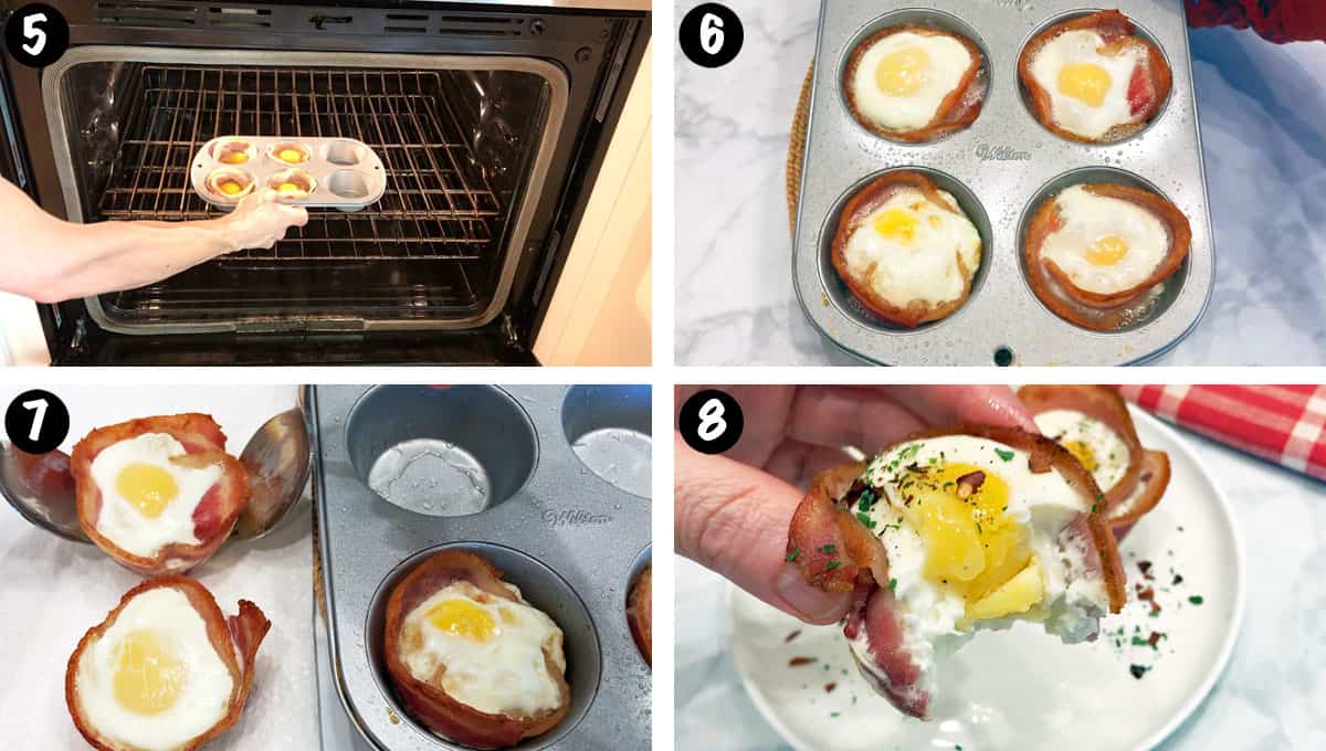 A photo collage showing steps 5-8 for making bacon and egg cups. 