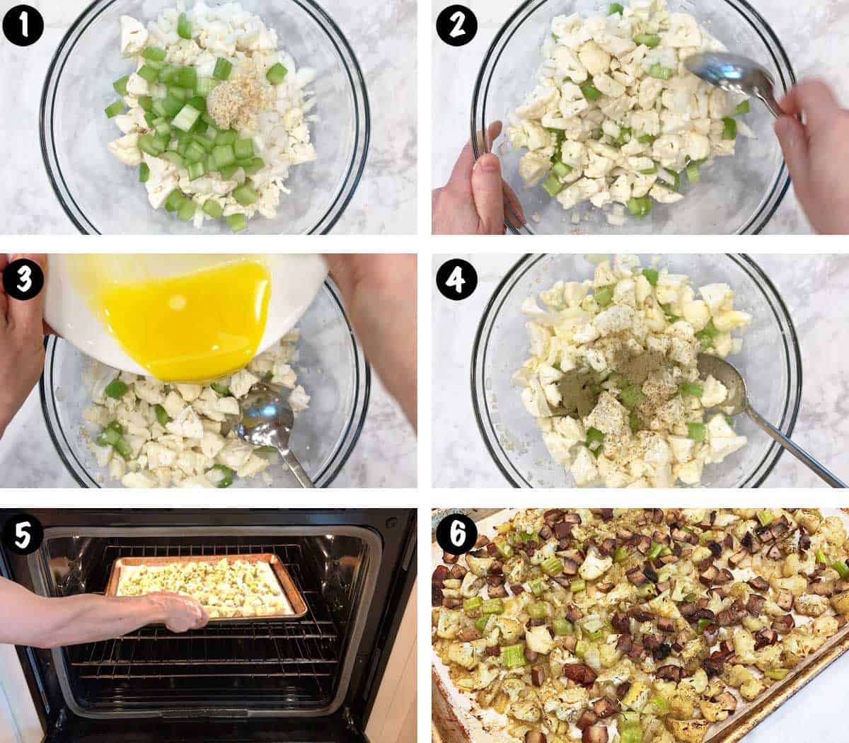 Un collage de seis fotos que muestra los pasos para hacer el relleno de coliflor. 