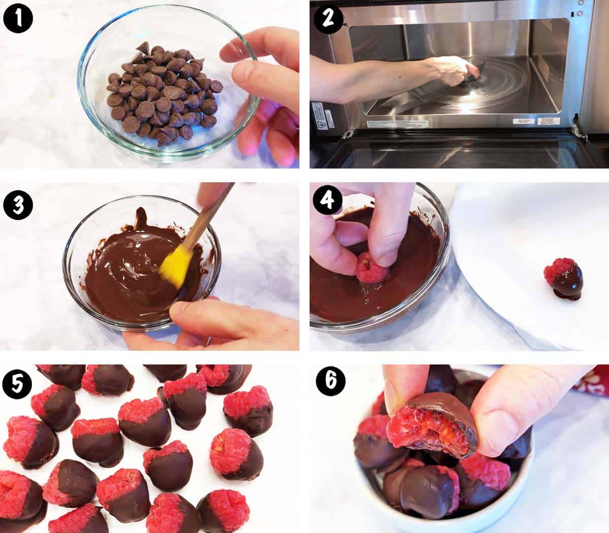Un collage de seis fotos que muestra los pasos para hacer frambuesas cubiertas de chocolate. 