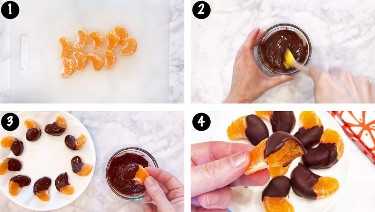 A four-photo collage showing the steps for making chocolate-covered oranges. 