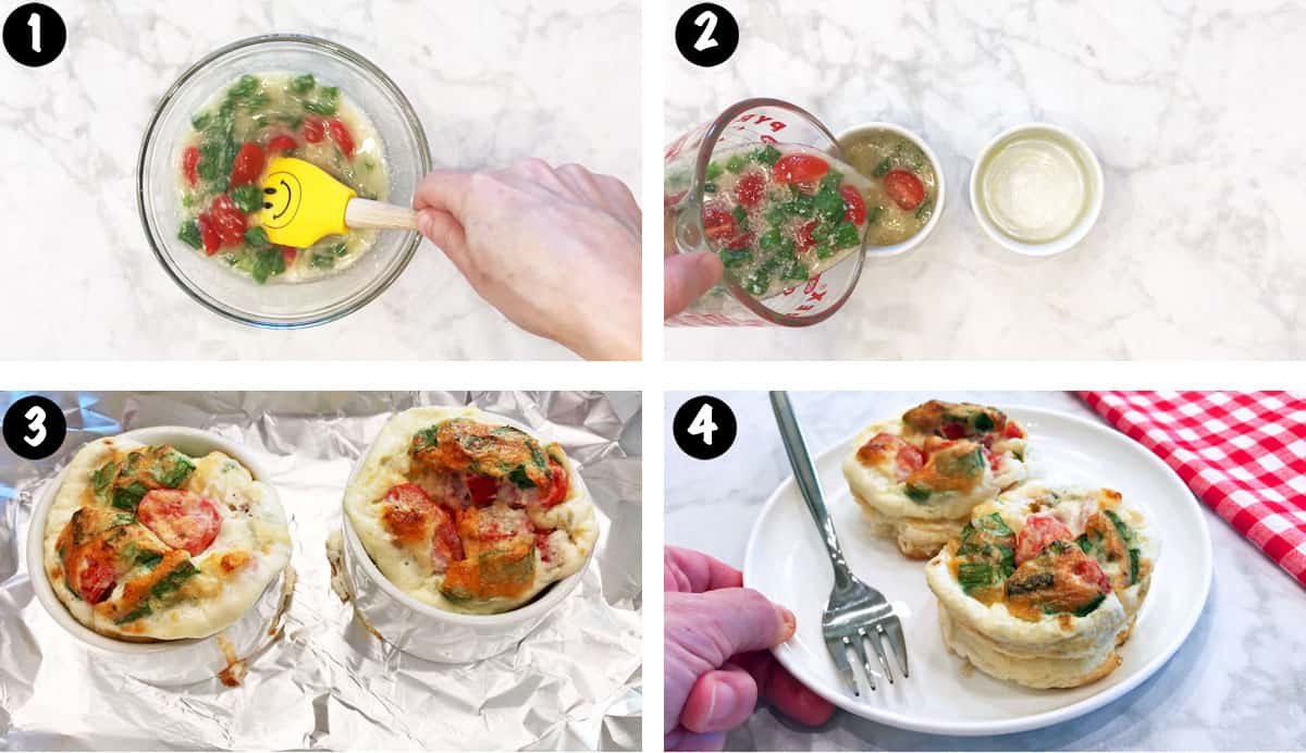 Un collage de cuatro fotos que muestra los pasos para hacer muffins de clara de huevo. 