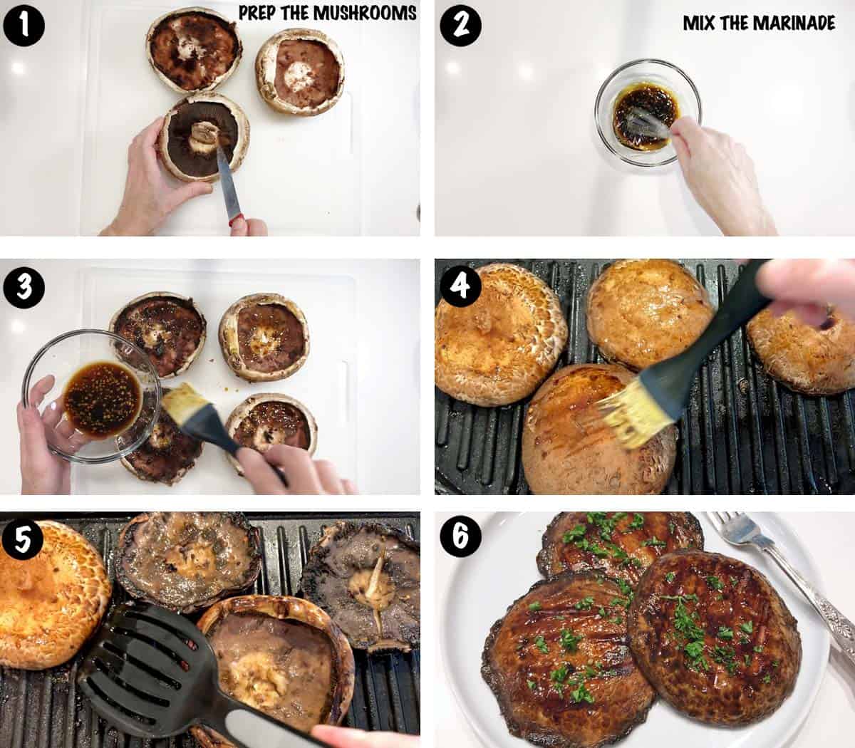 A six-photo collage showing the steps for grilling portobellos. 
