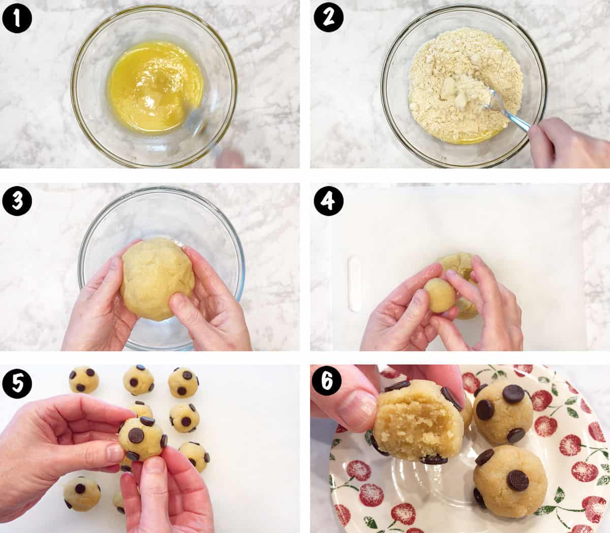 Un collage de seis fotos que muestra los pasos para hacer masa cetogénica para galletas. 