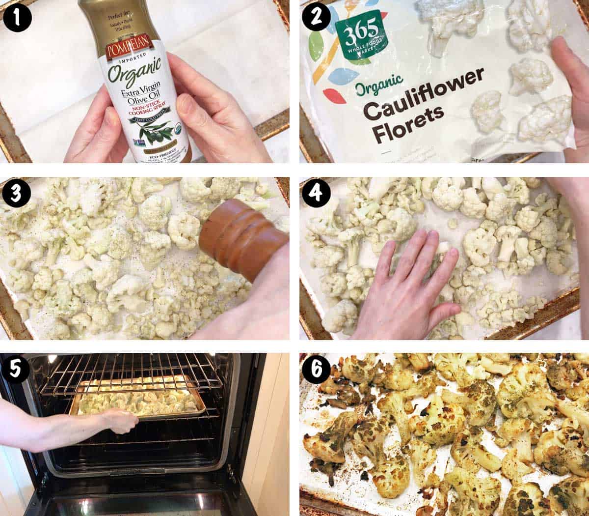 Un collage de seis fotografías que muestra los pasos para asar coliflor congelada.  