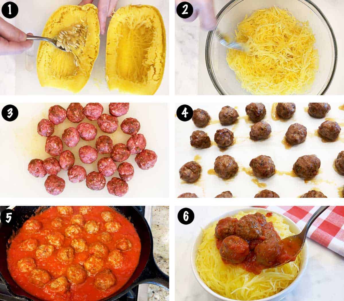 A six-photo collage showing the steps for making spaghetti squash and meatballs. 