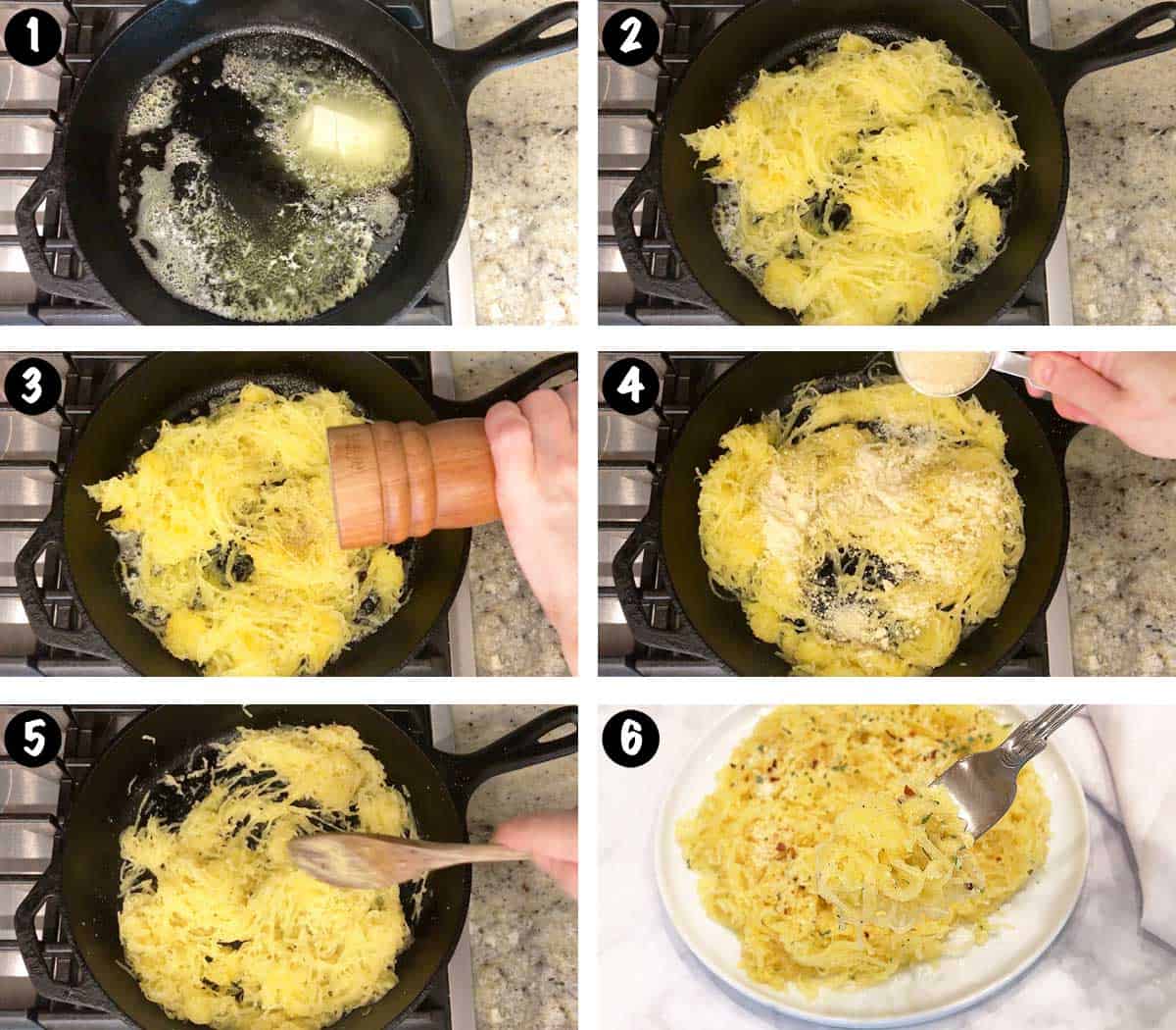 A six-photo collage showing the steps for making spaghetti squash noodles. 