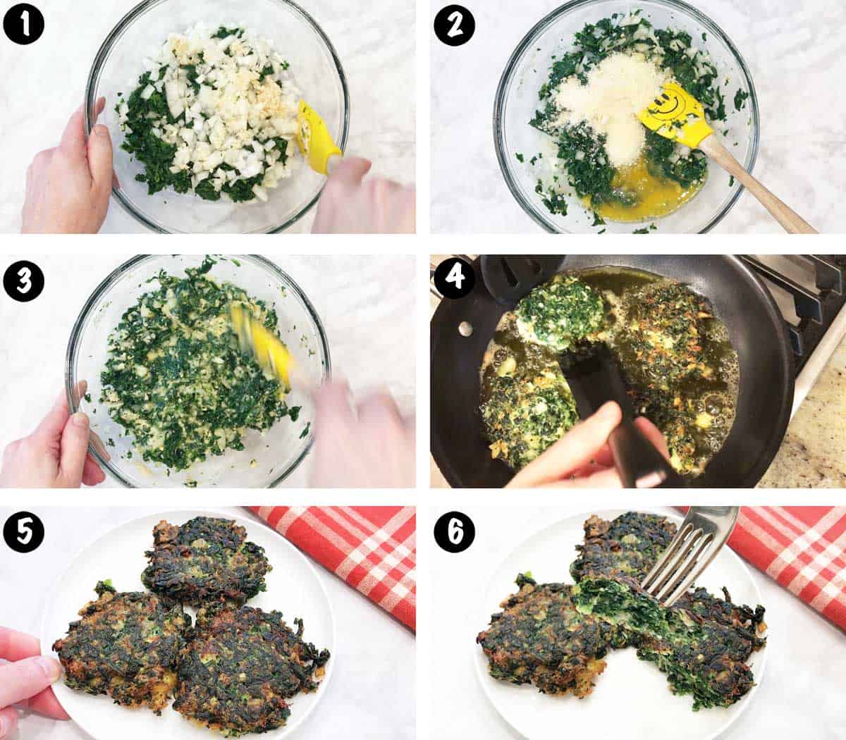 A six-photo collage showing the steps for making spinach fritters. 