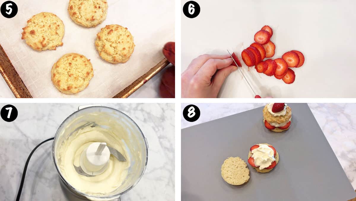 A photo collage showing steps 5-8 for making a keto strawberry shortcake. 
