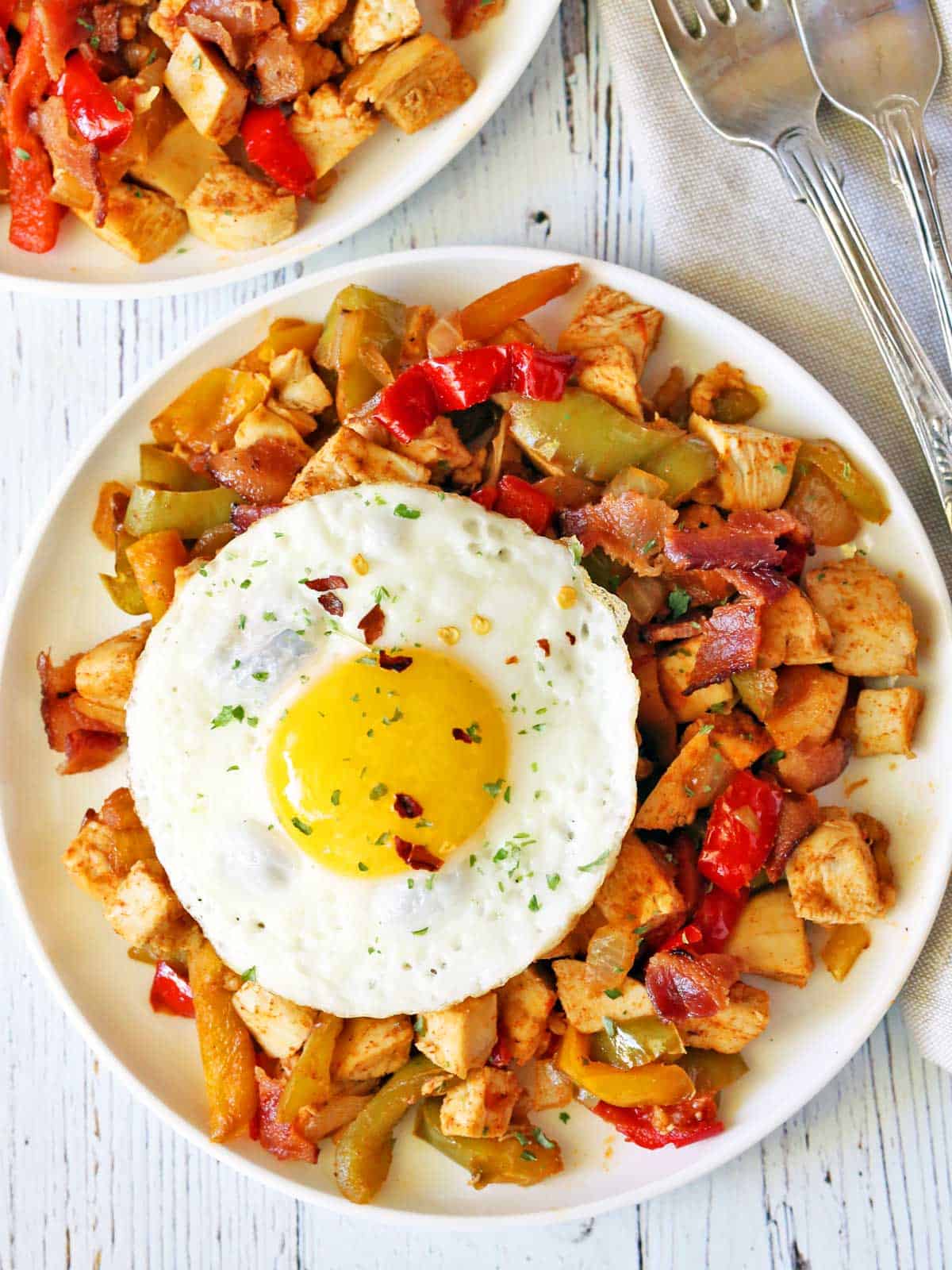 Turkey hash topped with a fried egg. 