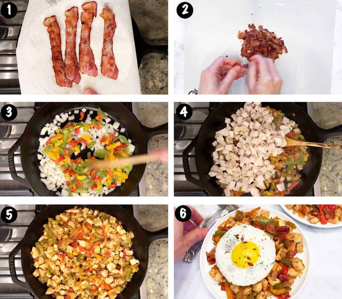 A six-photo collage showing the steps for making a turkey hash. 
