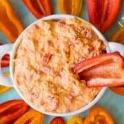Pimento cheese served with fresh-cut vegetables.