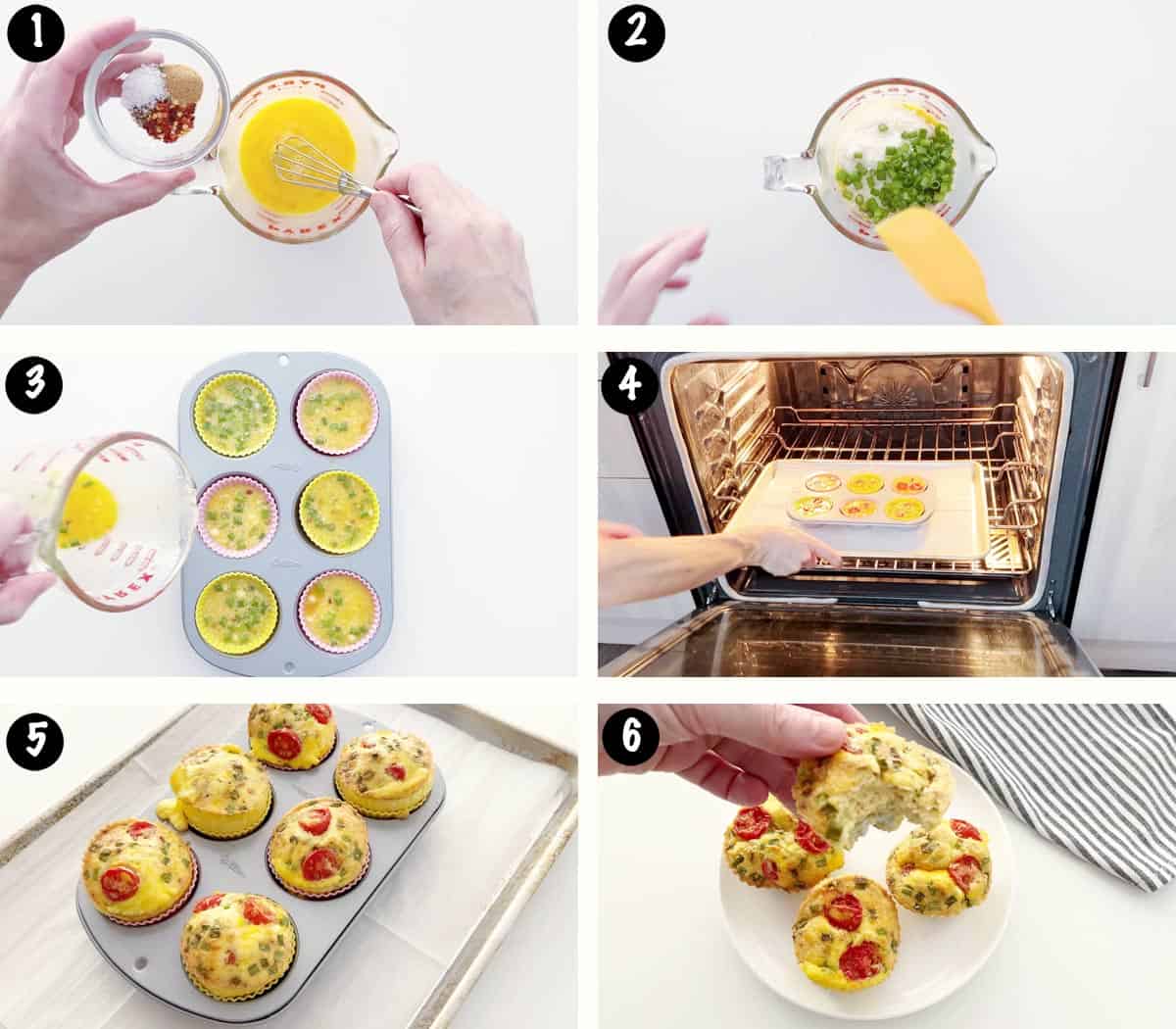 A six-photo collage showing the steps for making egg muffins. 