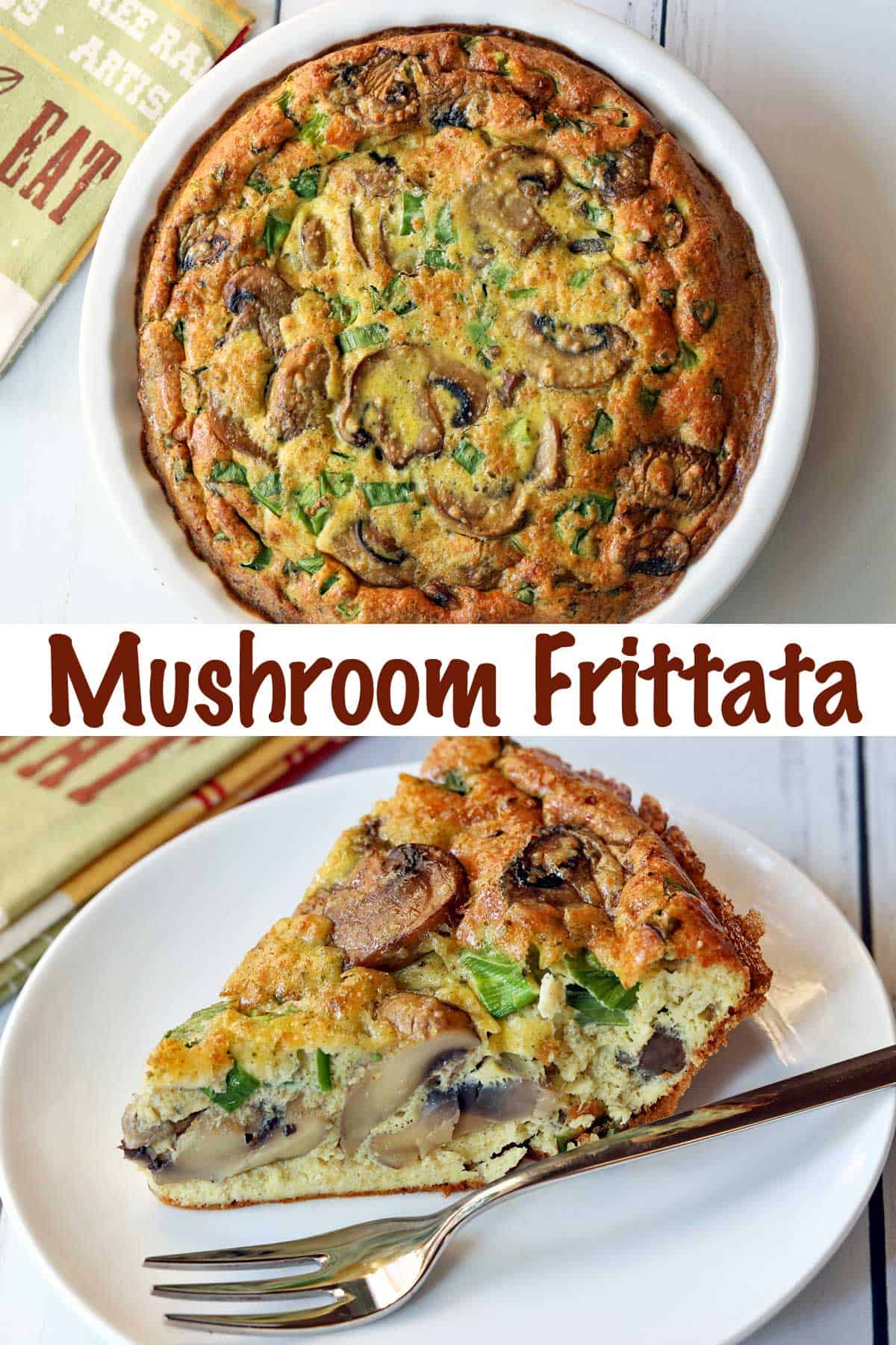 A two-photo collage of a mushroom frittata. One photo shows the whole frittata, the second shows a slice. 