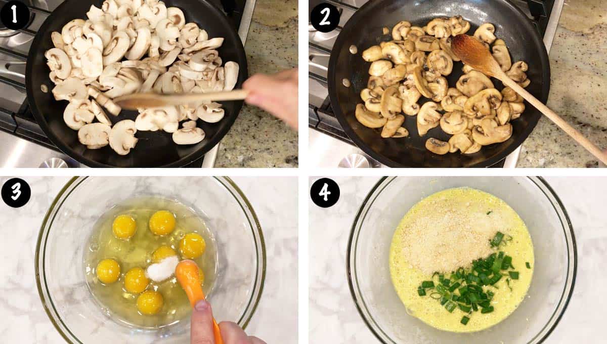 A photo collage showing steps 1-4 for making a mushroom frittata. 