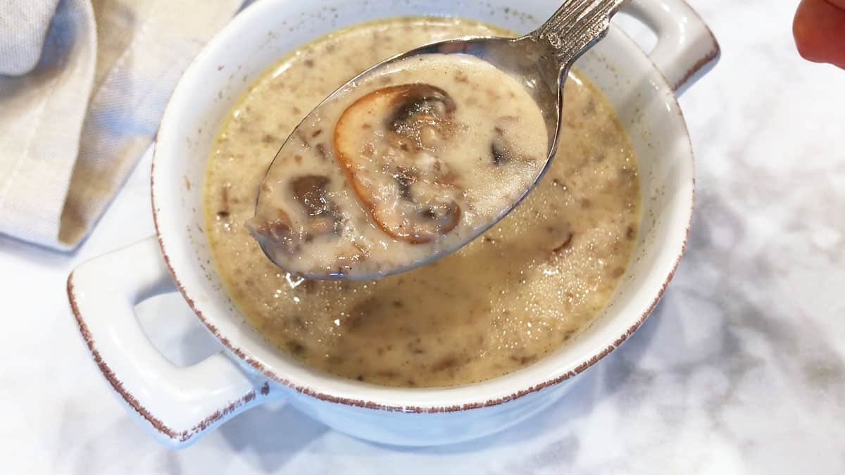 This chunky cream of mushroom soup was blended using an immersion blender. 