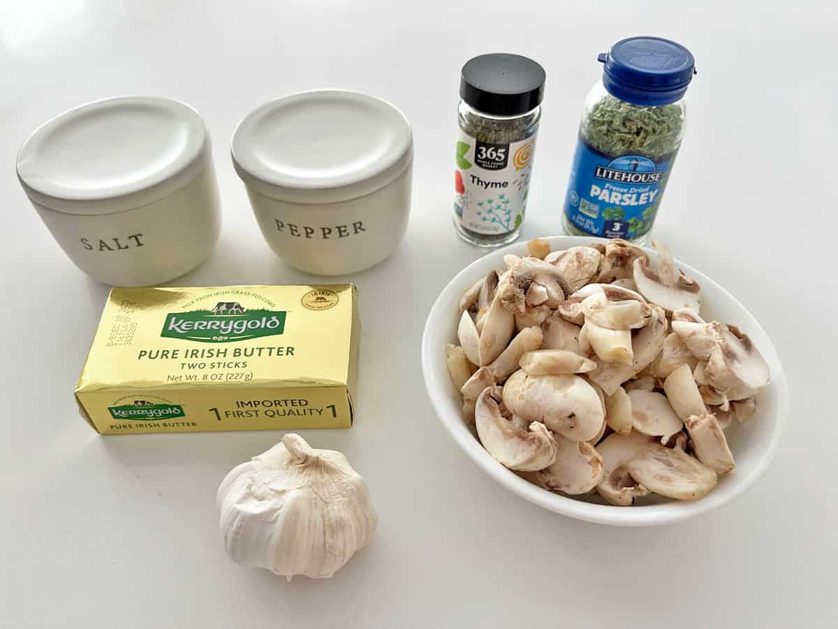 The ingredients needed to saute mushrooms. 