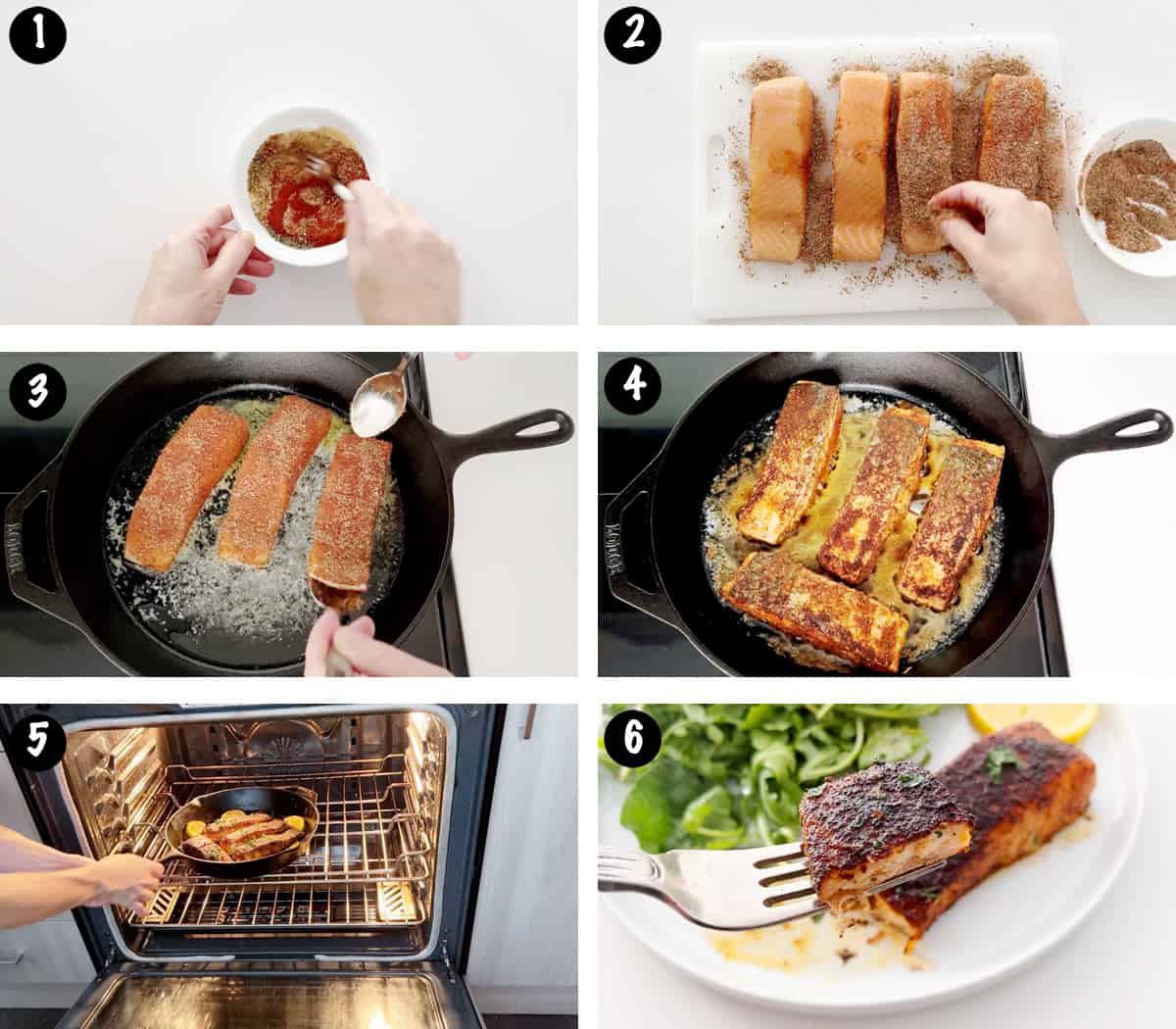 A six-photo collage showing the steps for blackening salmon. 