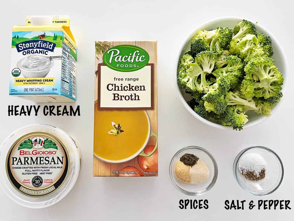 The ingredients needed to make cream of broccoli soup. 