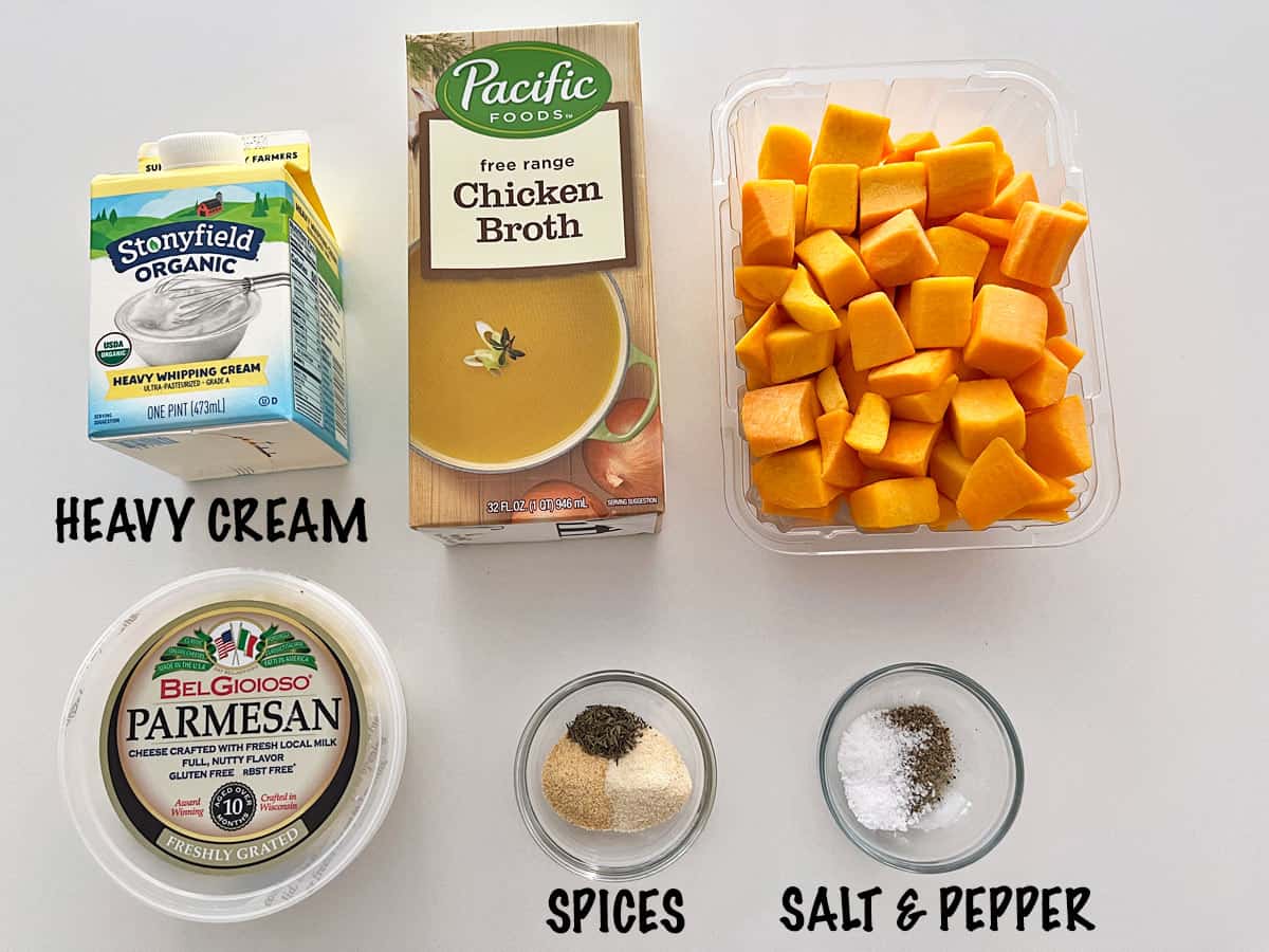 The ingredients needed to make butternut squash soup. 