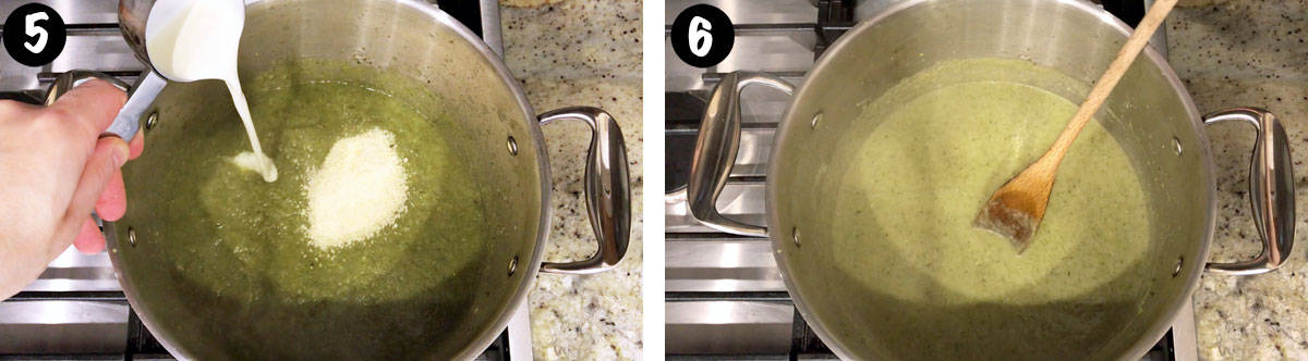 A two-photo collage showing how to thicken cream of broccoli soup with heavy cream and cheese. 