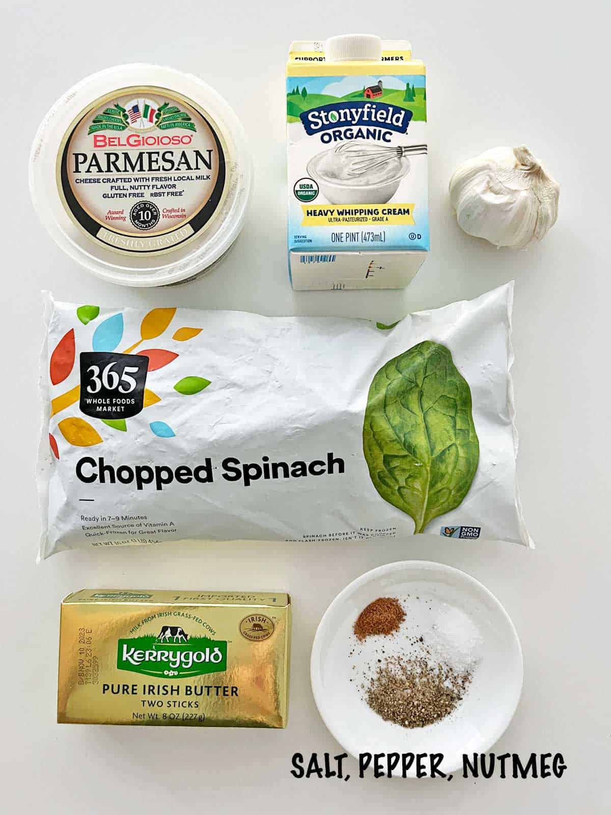 The ingredients needed to make creamed spinach using frozen spinach. 