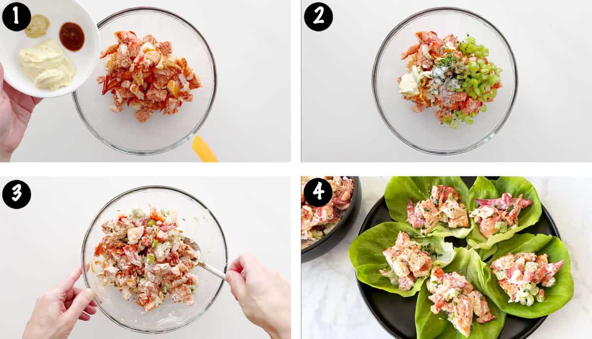 Un collage de cuatro fotos que muestra los pasos para hacer y servir una ensalada de langosta. 