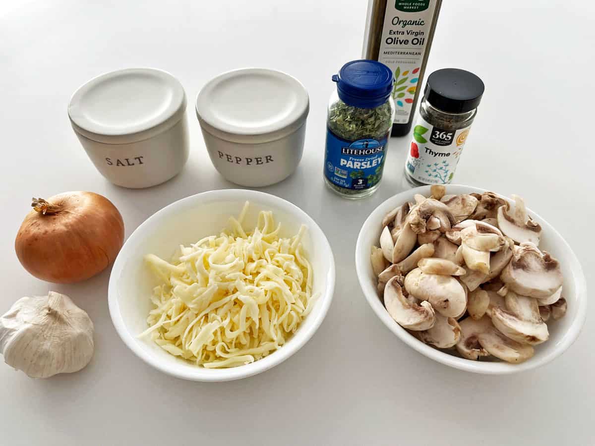 The ingredients needed to make a mushroom casserole. 
