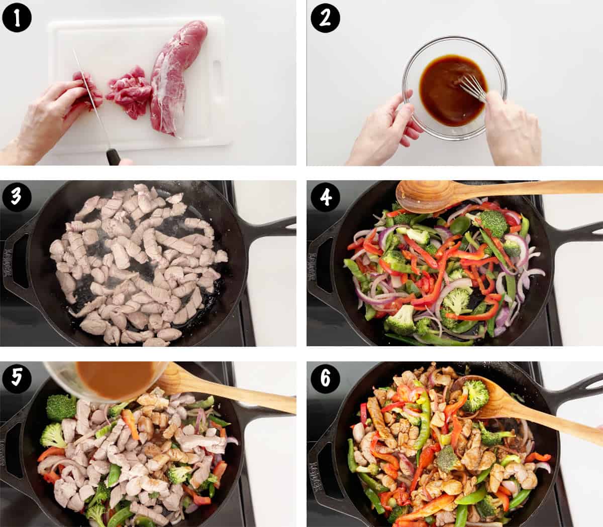A six-photo collage showing the steps for making a pork stir-fry. 