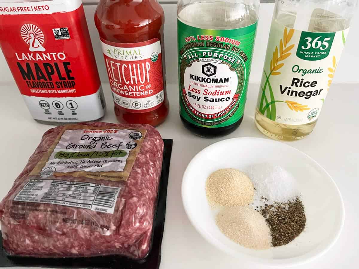 The ingredients needed to make sweet and sour meatballs. 
