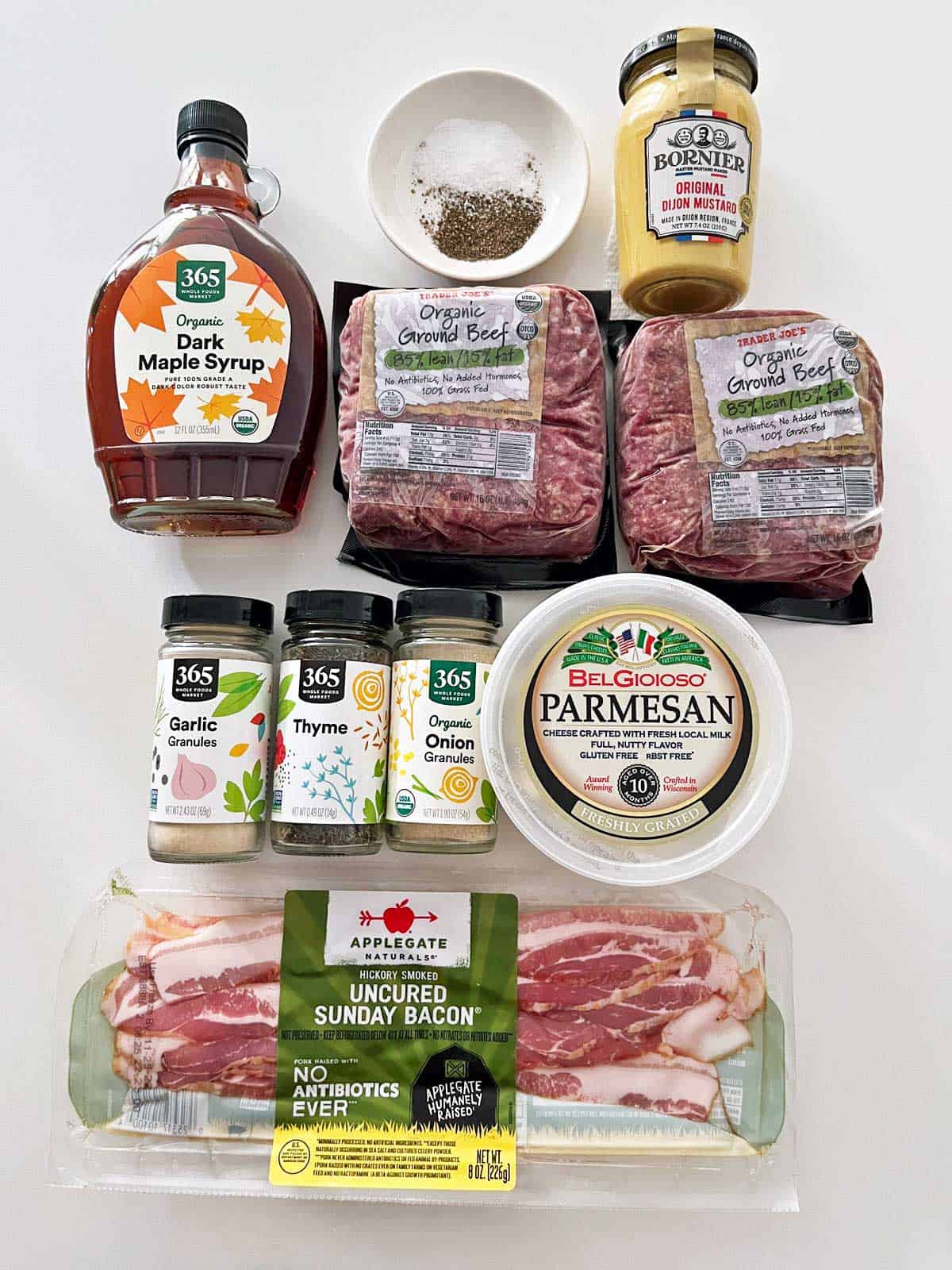 A display of the ingredients needed to make bacon-wrapped meatloaf. 