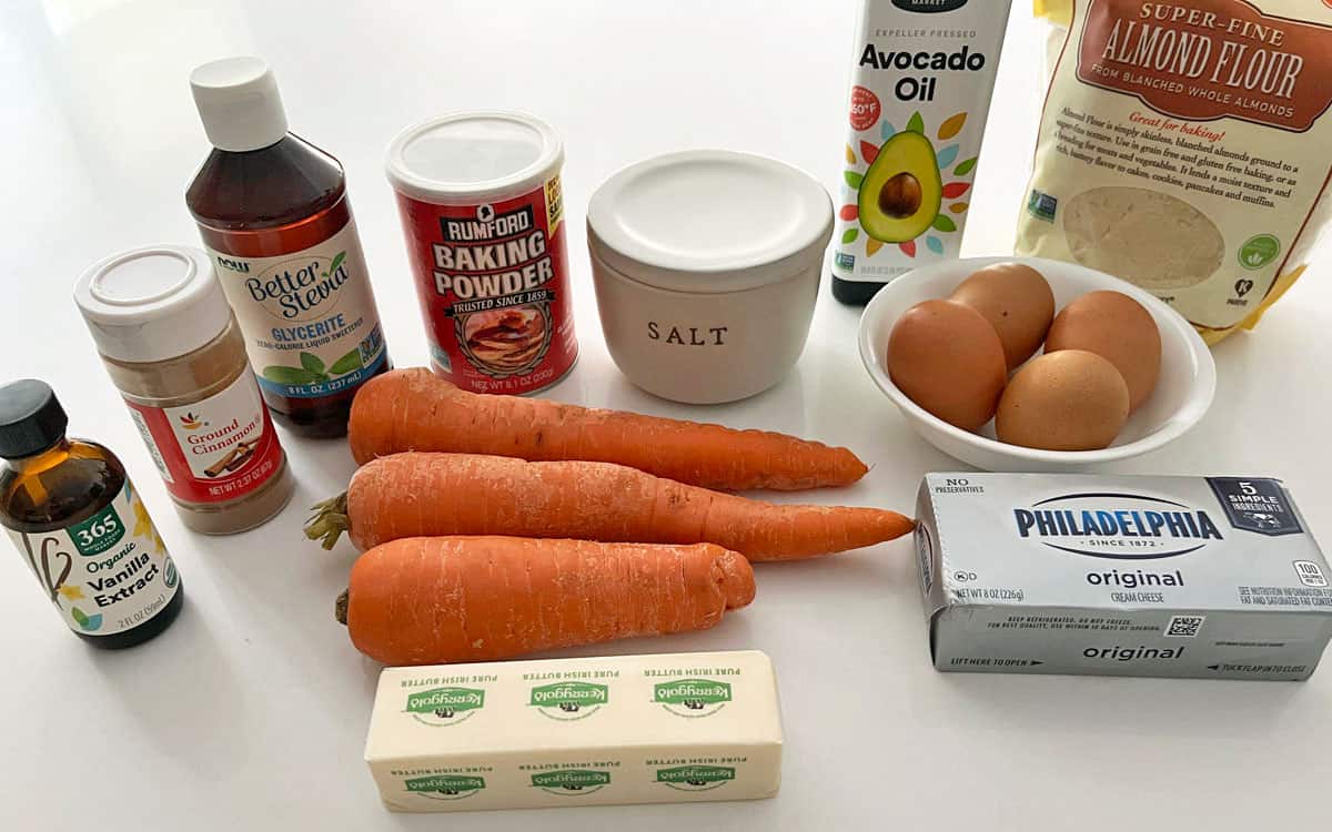 The ingredients needed to bake a keto carrot cake. 