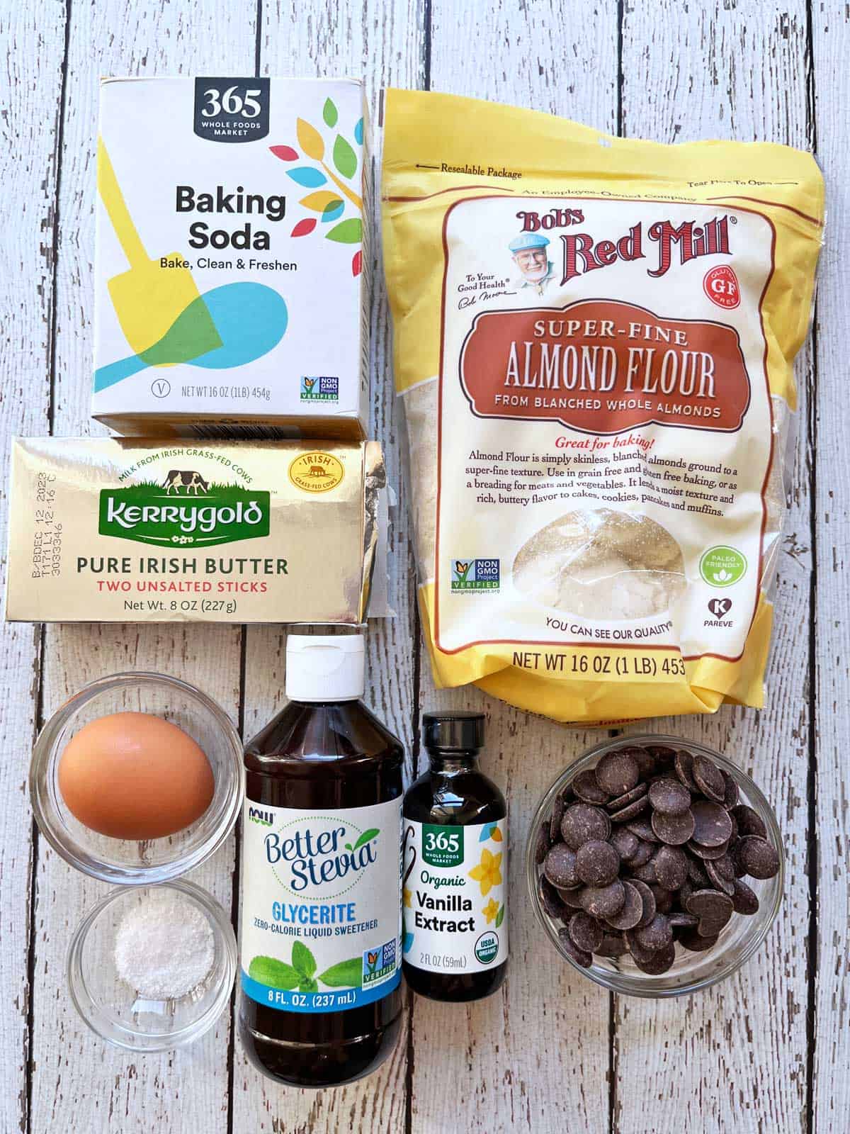 The ingredients needed to make keto chocolate chip cookies. 