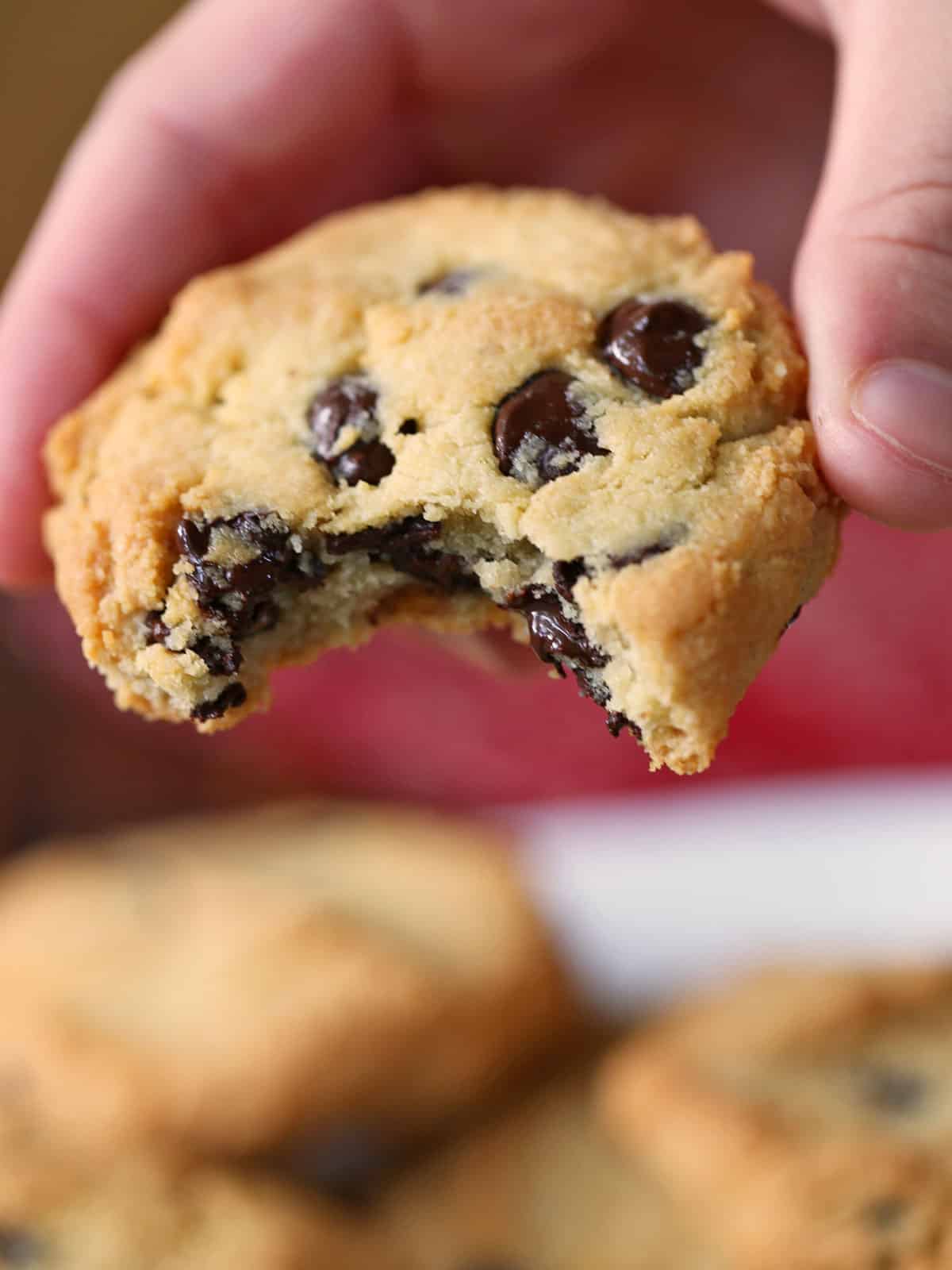 A low-carb chocolate chip cookie with a bite held in someone's hand. 