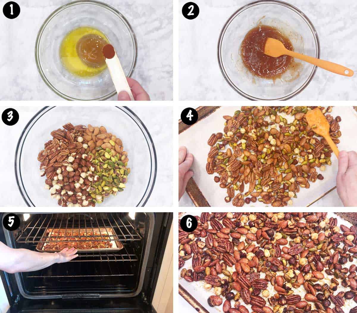 A six-photo collage showing the steps for making honey-roasted nuts. 