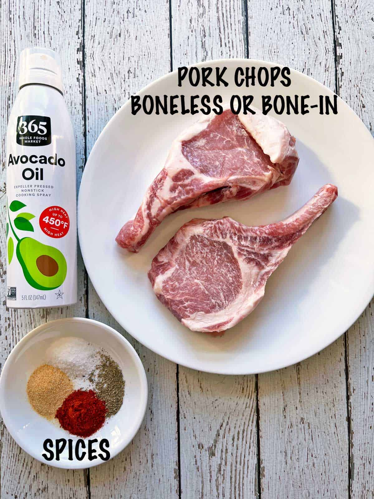 The ingredients needed to bake pork chops. 