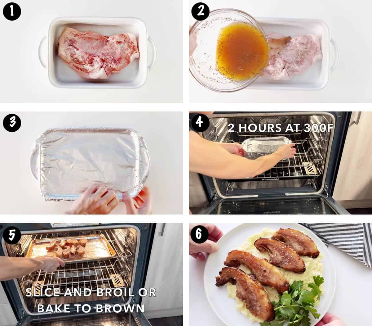 A six-photo collage showing the steps for cooking pork jowl.  