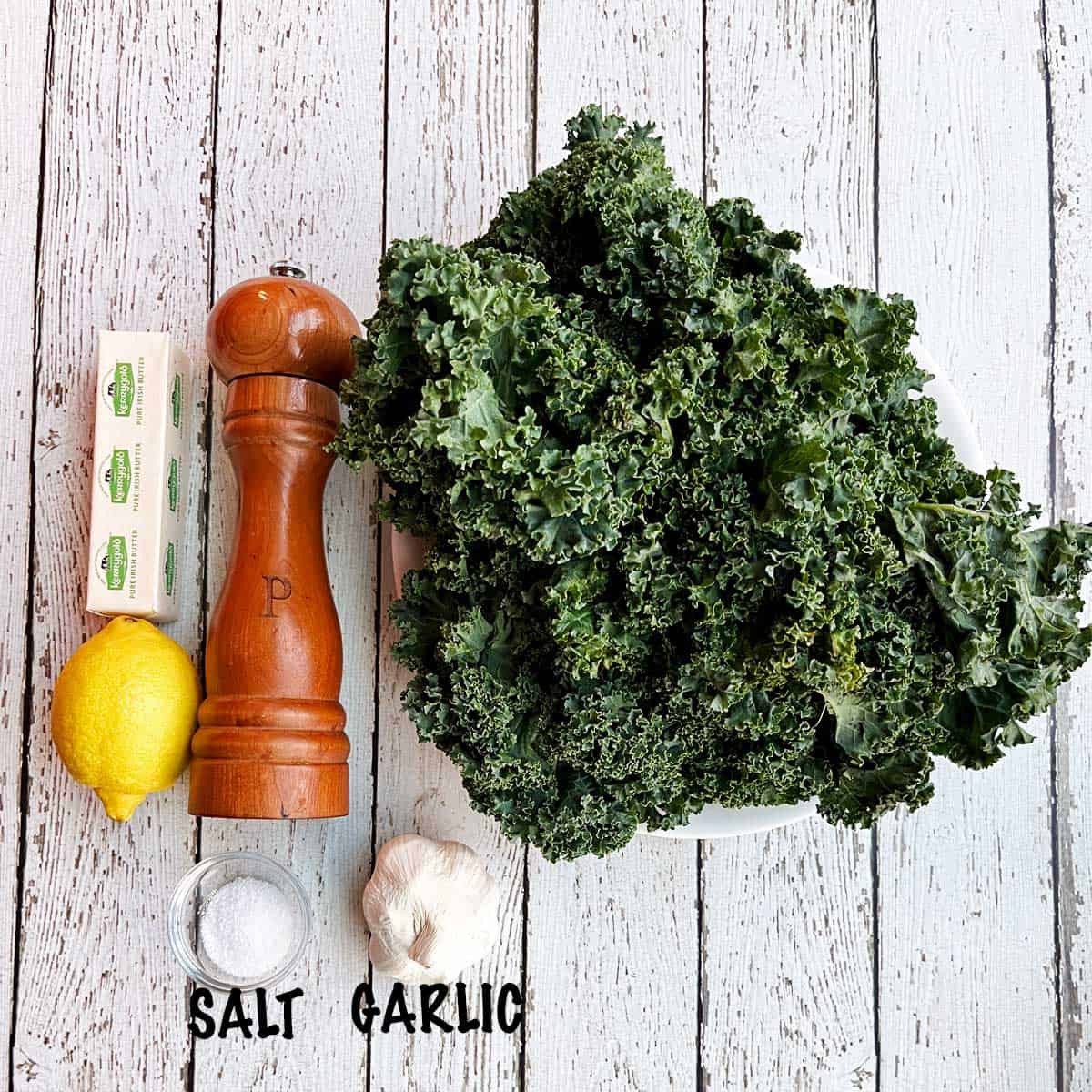 The ingredients needed to saute kale. 