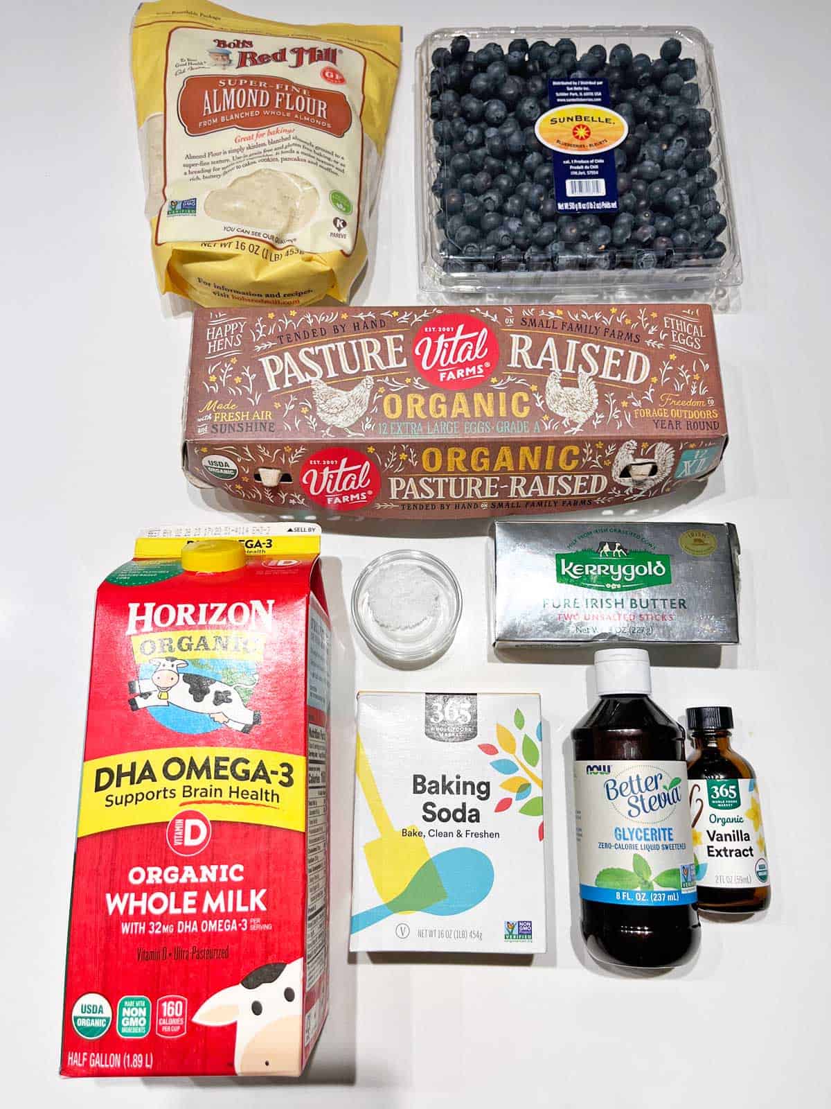 The ingredients needed to make keto blueberry muffins. 